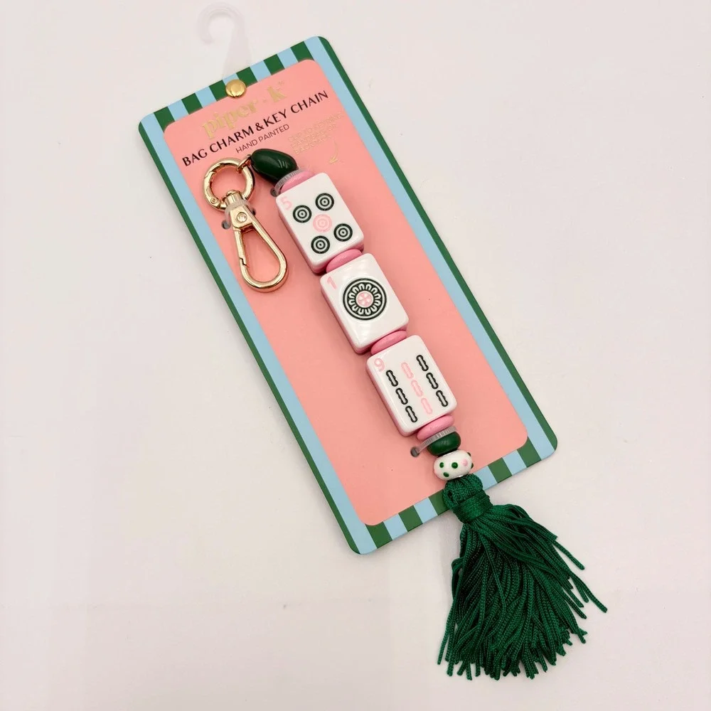 Piper + K Hand Painted Mahjong Tile Bag Charm & Key Chain Green Tassel New